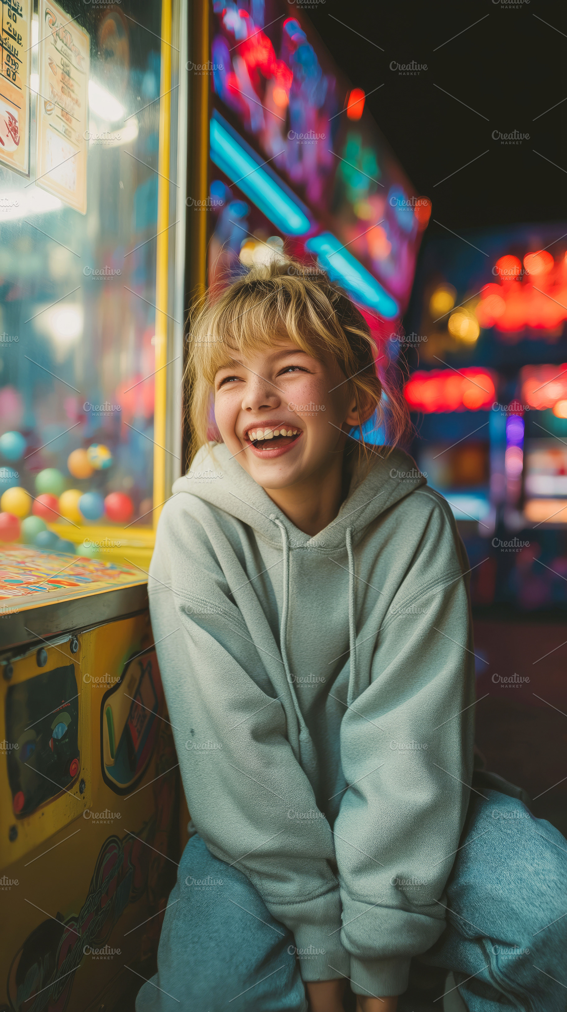 Joyful Girl Laughing at Nighttime, a Person Photo by Ocean Digital Art