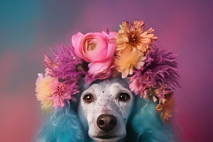 Cool Dog With Colorful Wig And Flowers On A Colored Background. Generative AI