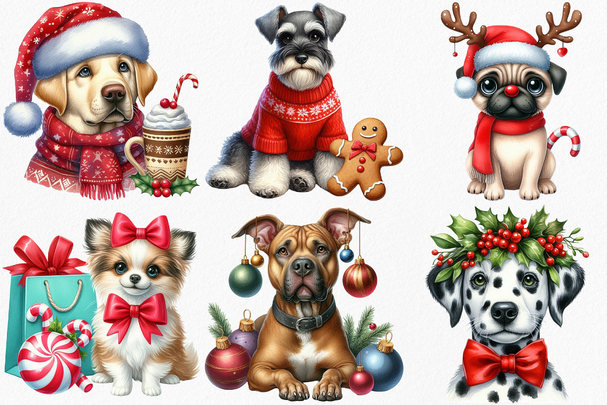 Watercolor Christmas Dog Clipart, an Illustration by Canvas Craft (Photo 3 of 8)