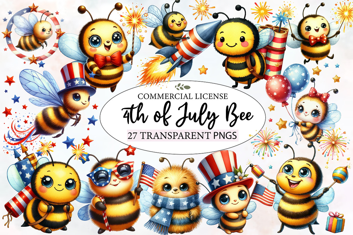 Watercolor 4th of July Bee Clipart, an Illustration by Designworld (Photo 1 of 7)