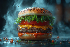 Juicy cheeseburger with fresh vegeta, a Photo by Tanuart