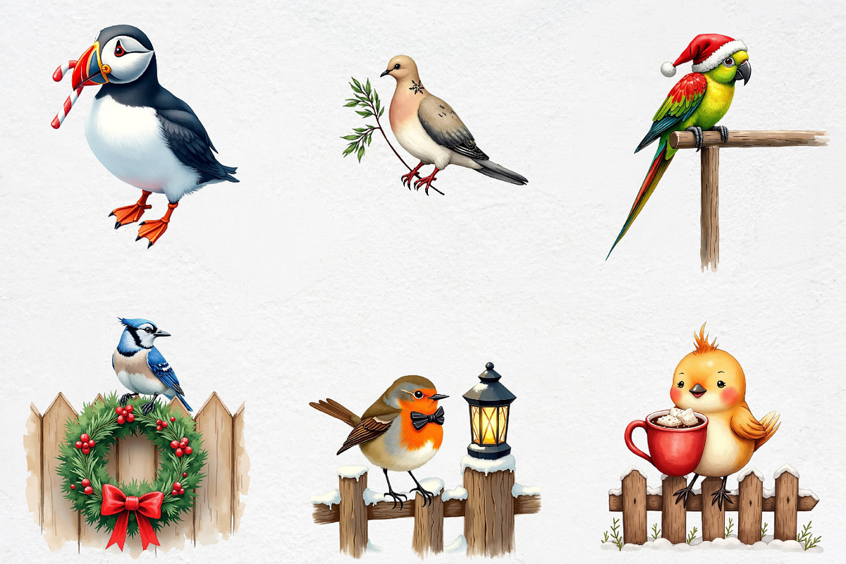 Watercolor Christmas Bird on Fence C, an Illustration by CrexoraLab (Photo 2 of 5)