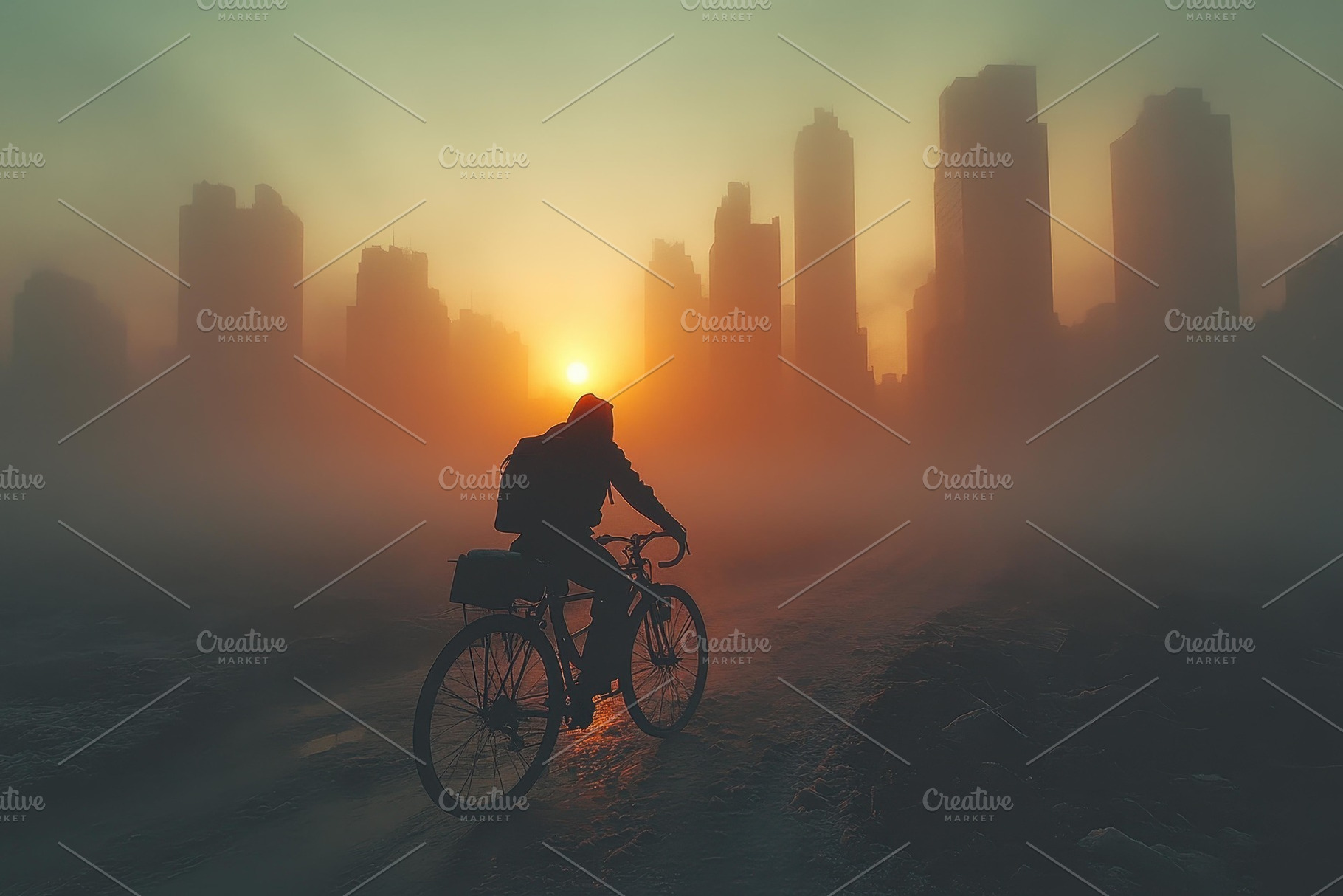 Cyclist rides through foggy cityscap, a Photo by Tanuart