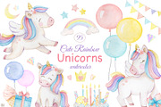 Watercolor Cute Rainbow Unicorns, a Decorative Illustration by Elena Medvedeva (Thumbnail 1 of 6)