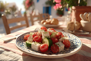 Mediterranean summer salad featuring fresh tomatoes and feta cheese in a sunlit, a Food & Drink Photo by AlyaAnd