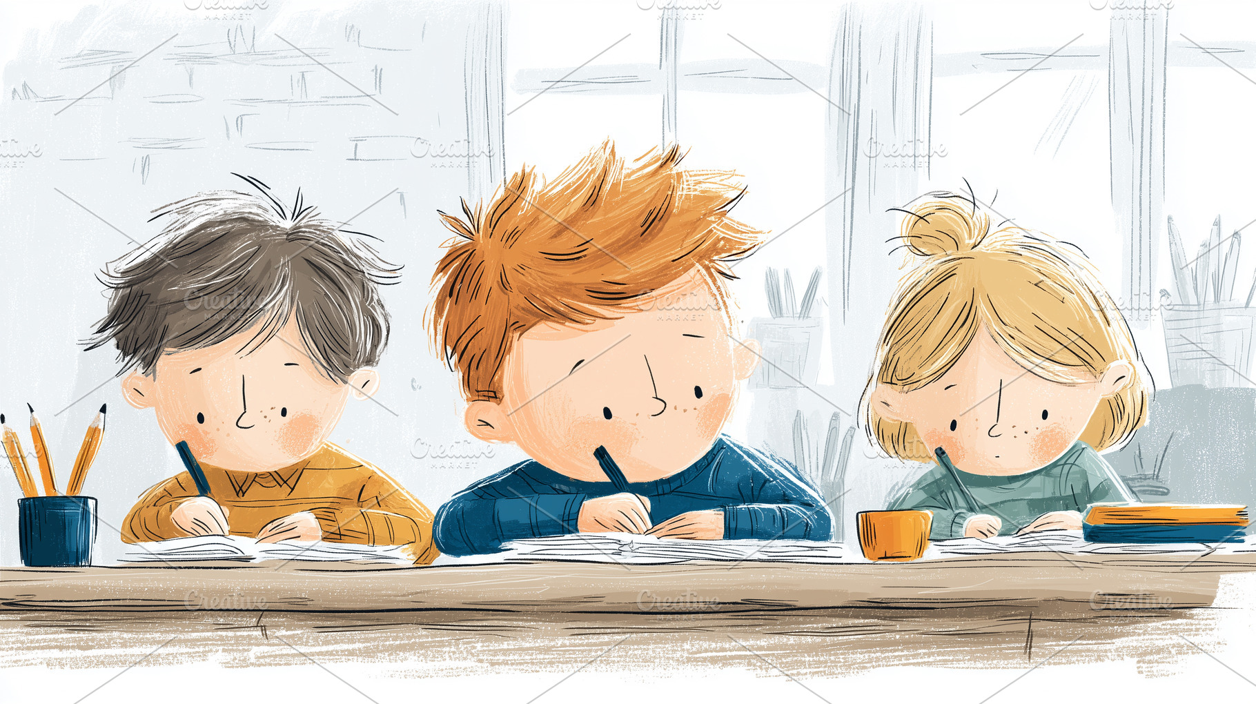 Three children sitting at a desk and, a School & Education Photo by MistyDay