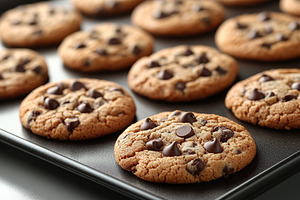 Warm chocolate chip cookies baking on a tray in a cozy kitchen, a Food & Drink Photo by AlyaAnd