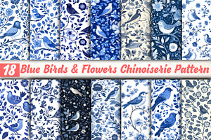Blue Birds & Flowers Pattern, an Illustration by DreamCafeArt