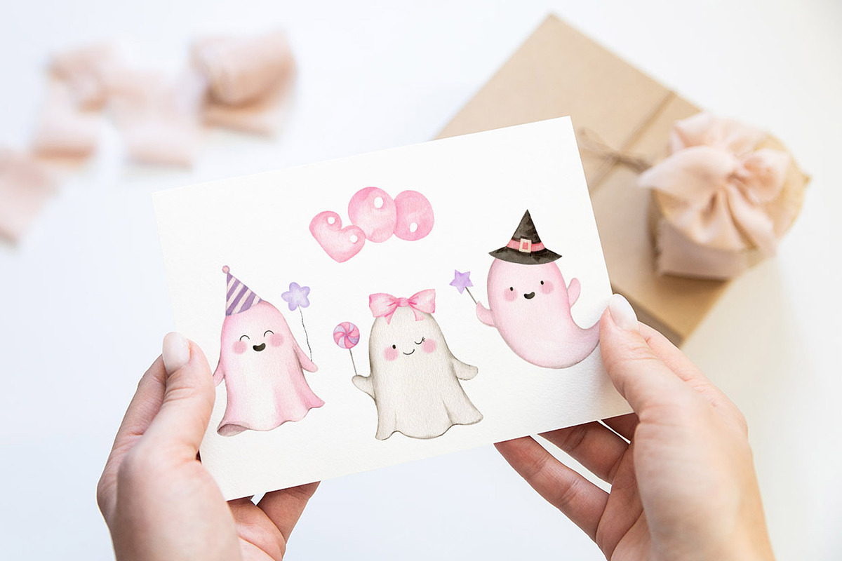 Pink Halloween Watercolor Clipart, a Decorative Illustration by Elena Medvedeva (Photo 7 of 7)