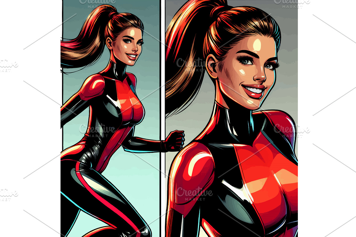 Smiling Female Superhero in Red, a Person Illustration by AlexArt