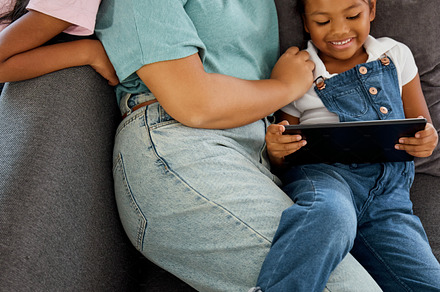 Relax, mother and streaming on tablet with children for entertainment on sofa in cozy family home. Philippines mom bonding with young kids watching internet cartoon together on video app., a Photo by Peopleimages.com