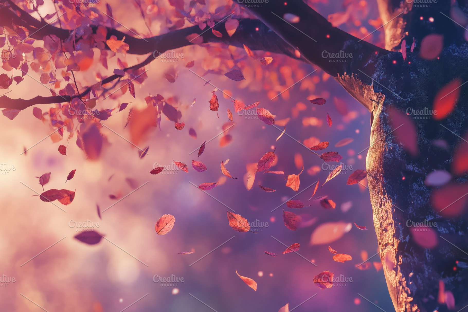 A close-up view of a tree trunk with vibrant autumn leaves falling gently in a, a Photo by Textures & Backgrounds