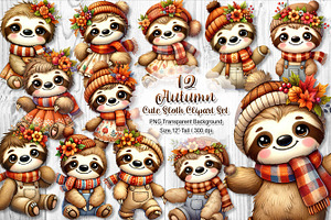 Cute Autumn Sloth Clipart Set, a Seasonal Illustration by V Design Creator