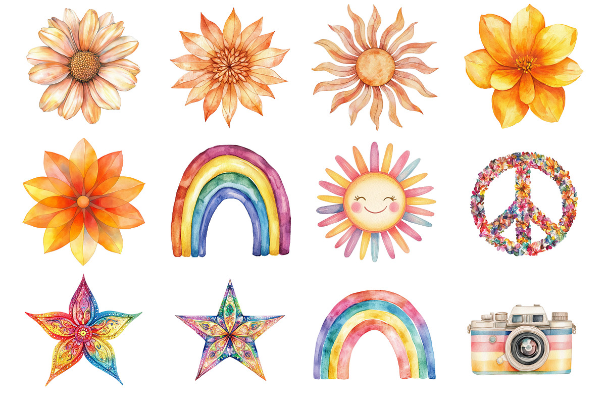 Watercolor 70'S Vibes Clipart, a Seasonal Illustration by CitraGraphics (Photo 2 of 6)