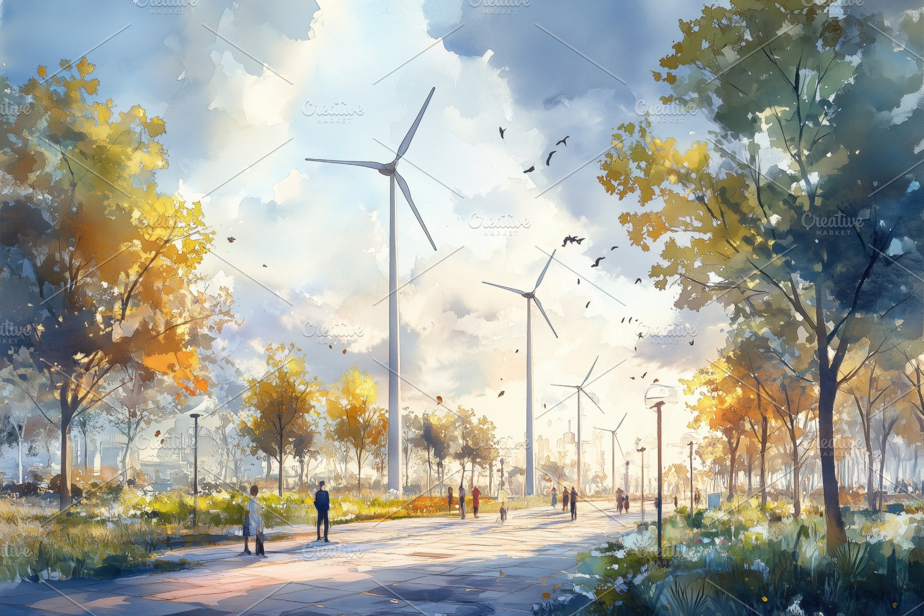 A serene landscape featuring a park with wind turbines, vibrant trees, and peop, a Technology Photo by Textures & Backgrounds