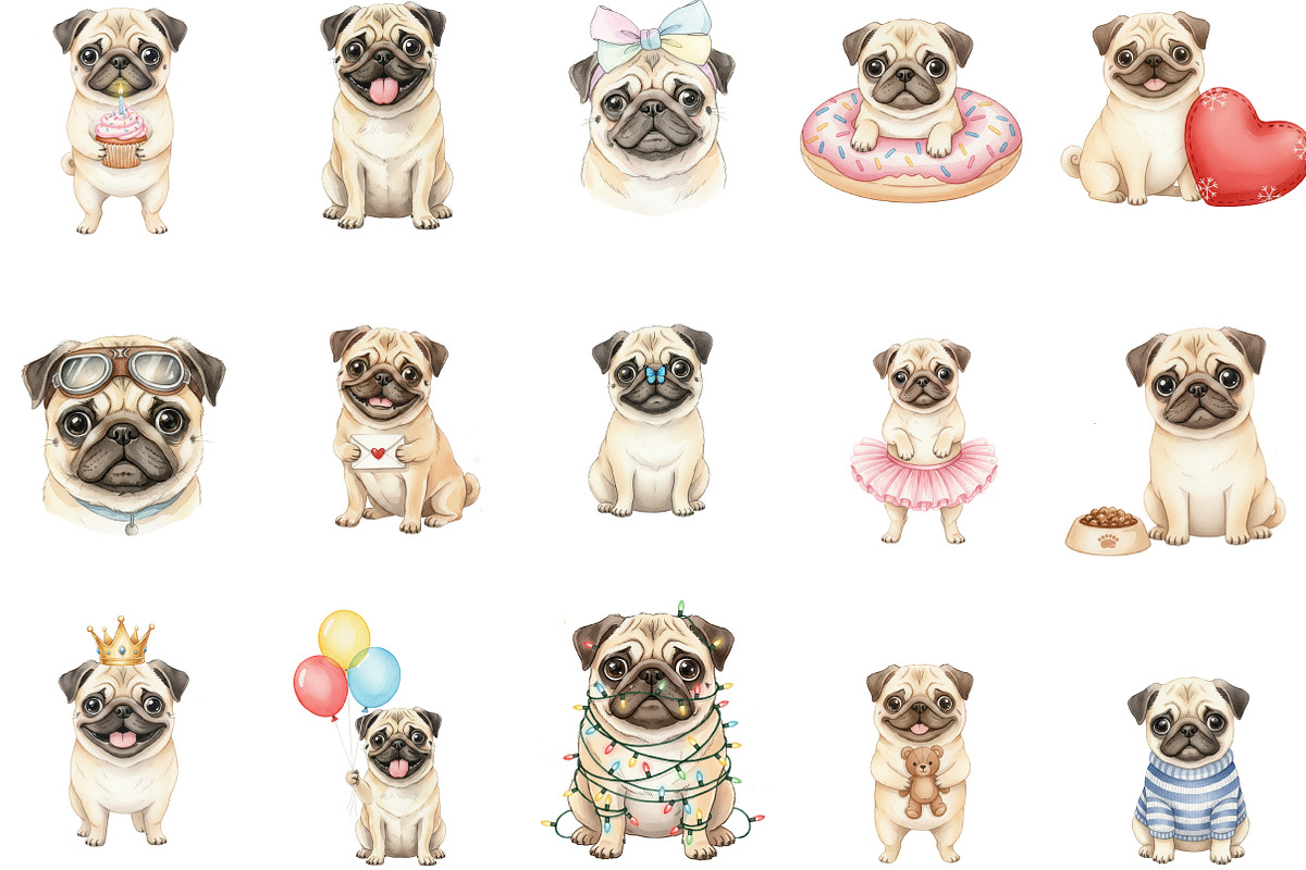 Cute Watercolor Pug Dog, an Illustration by Designking (Photo 3 of 5)