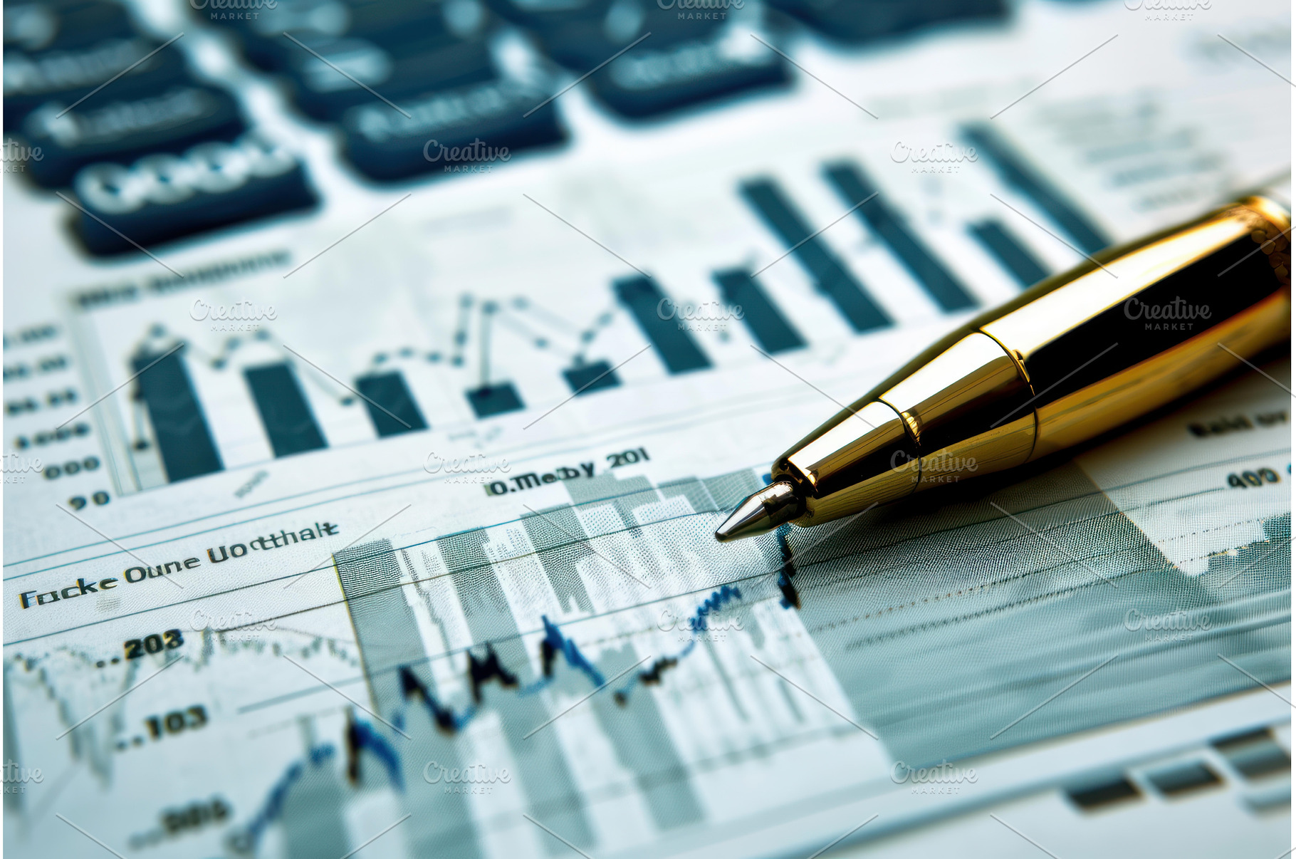 Golden pen pointing at rising stock, a Business Photo by Ylivdesign