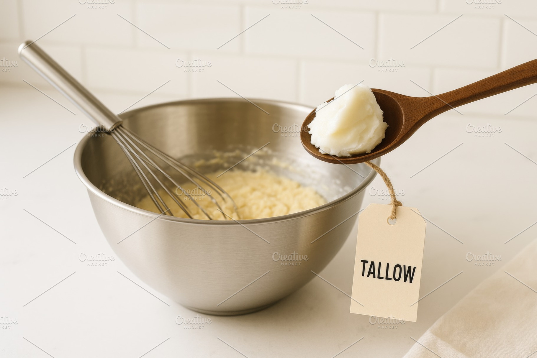 Tallow on wooden spoon and metal bow, a Photo by Dvoevnore photos