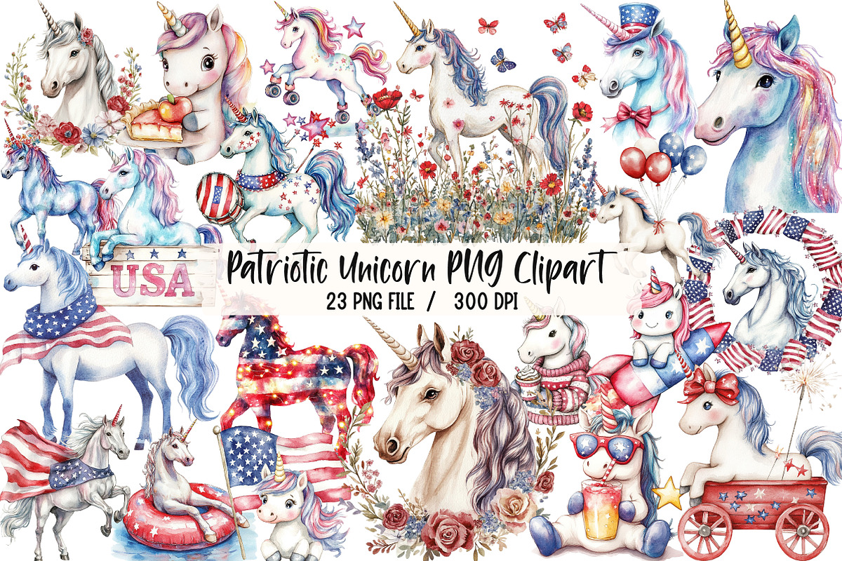 Patriotic Unicorn PNG Clipart, an Illustration by Libby Wishes (Photo 1 of 6)