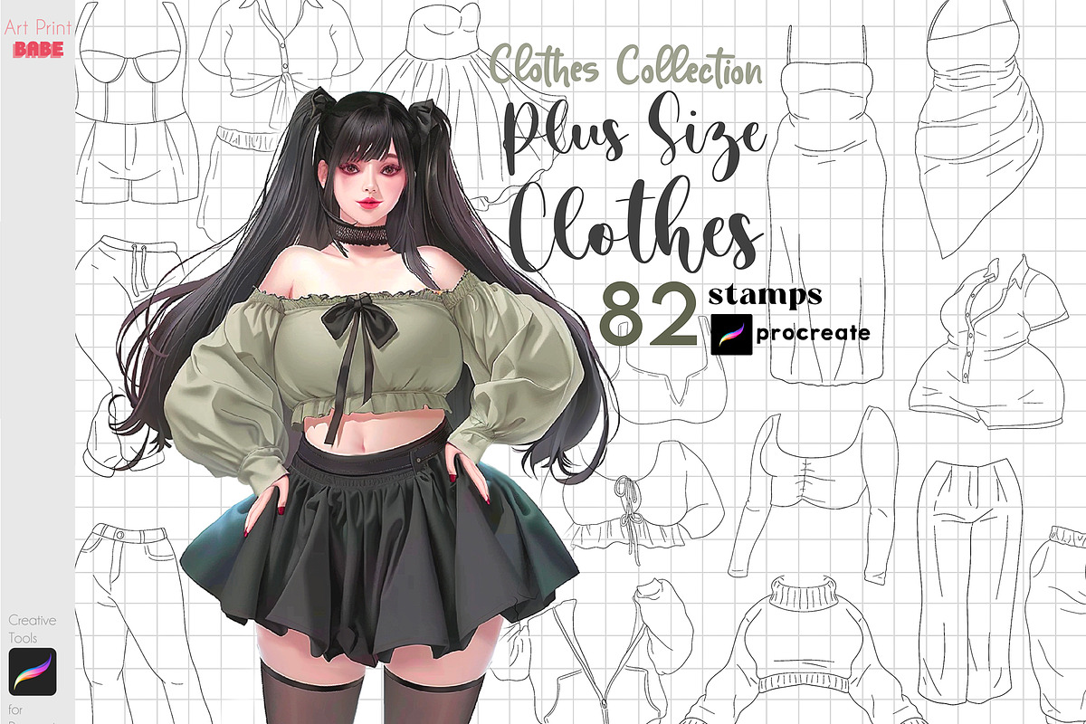 Procreate Plus Size Clothes Curved, a Brush Add-On by ArtPrintBabe (Photo 1 of 4)