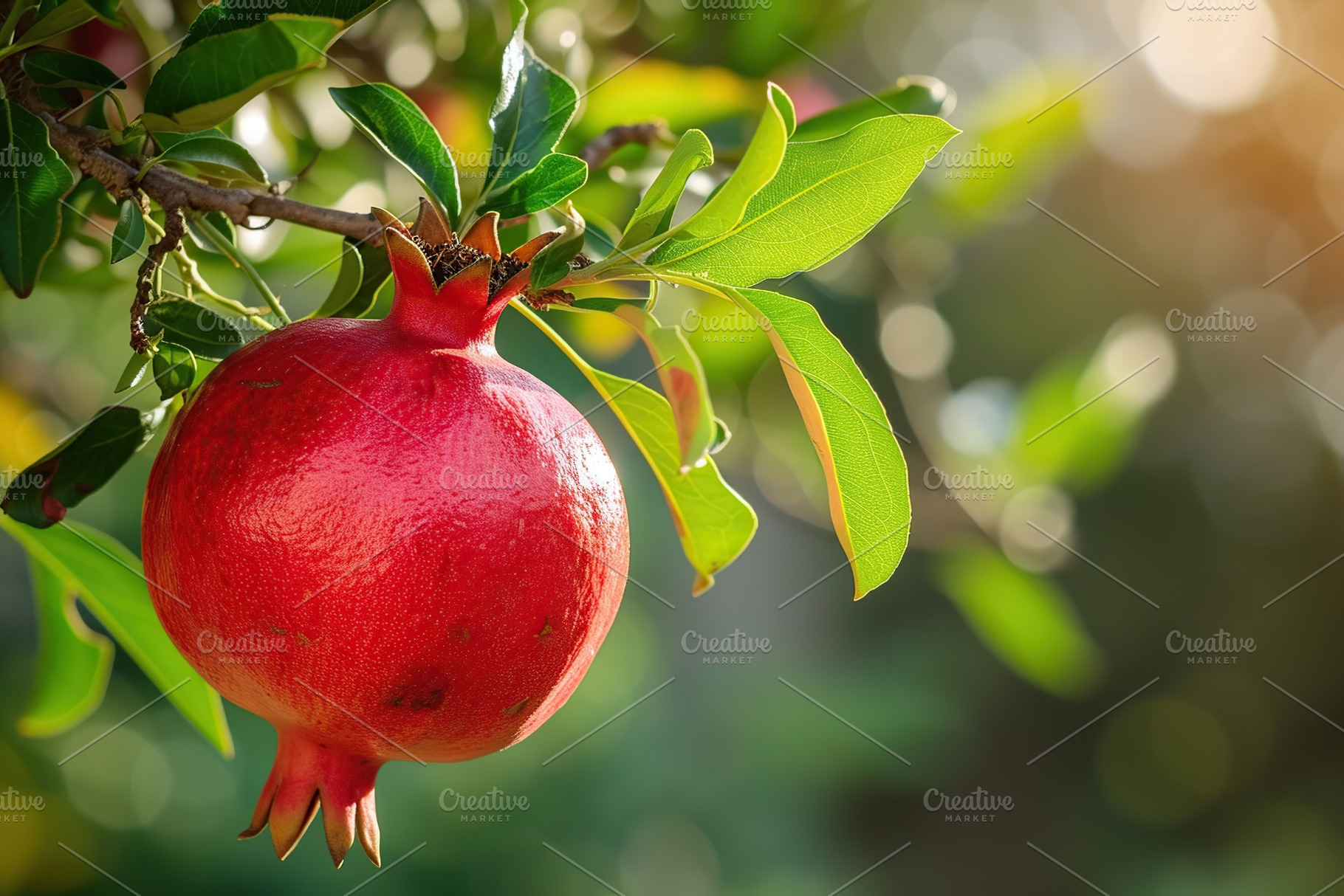 Ripe pomegranate fruit on tree branch in the garden, a Food & Drink Photo by AlyaAnd