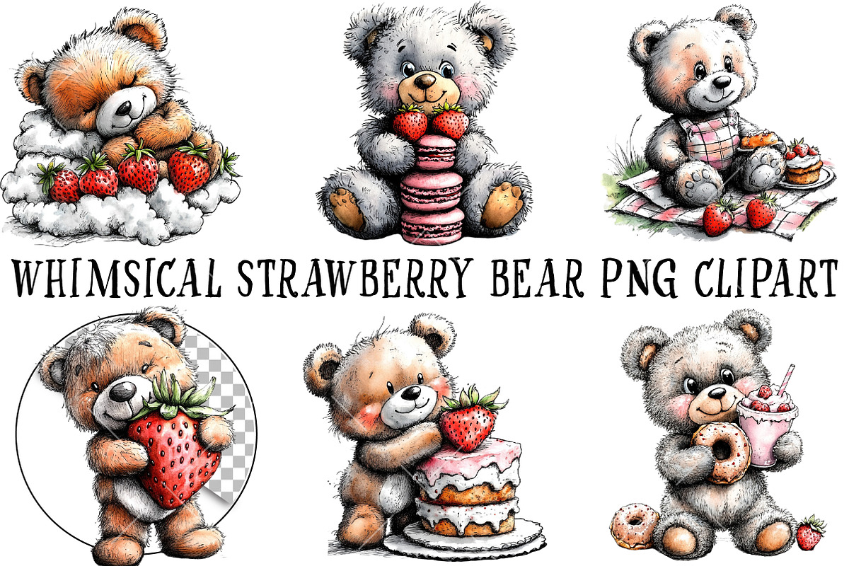 Watercolor Strawberry Bear Clipart, a Seasonal Illustration by OK Design (Photo 2 of 6)