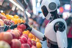 Humanoid robot selecting apples in a modern supermarket aisle, a Food & Drink Photo by GoodGoods