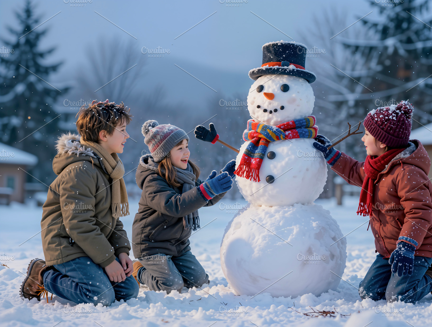 Happy children building a snowman, a Photo by rarrarorro