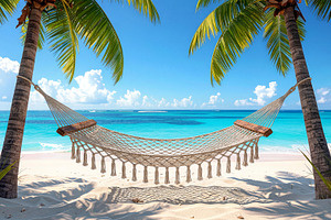 Hammock between palm trees on tropical beach, a Sports & Recreation Photo by Davizro's Market