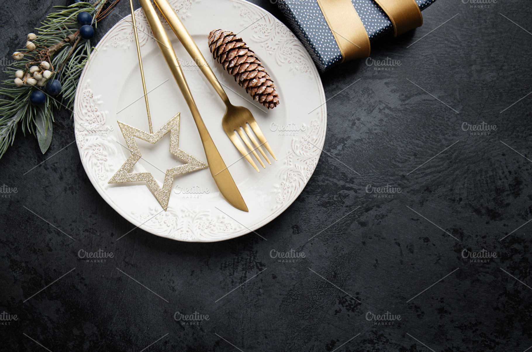 Plate for food for christmas on dark, a Holiday Photo by Valeria Art
