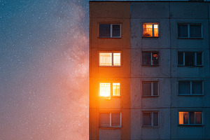 Illuminated residential building under starry sky, an Architecture Photo by AlyaAnd