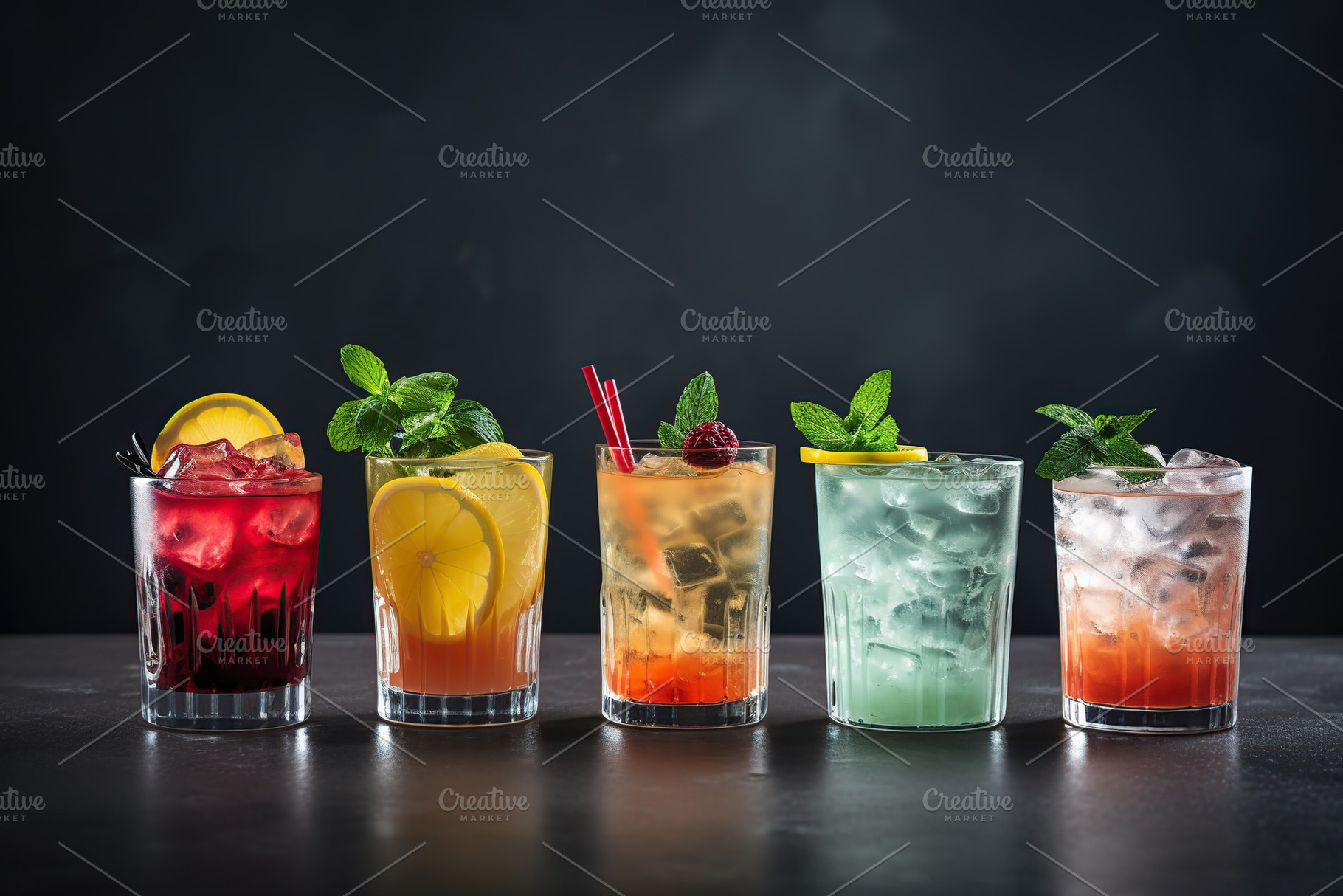 Different alcohol cocktails on grey background, a Food & Drink Photo by AlyaAnd