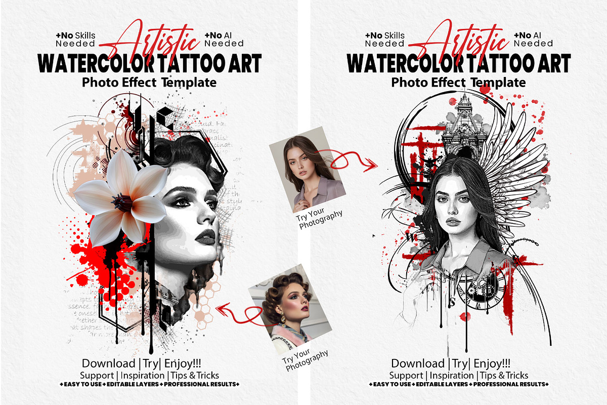 Artistic Watercolor Tattoo Art, an Action Add-On by MRI STUDIO (Photo 1 of 28)