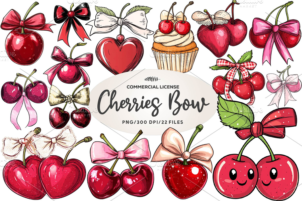 Watercolor Coquette Cherries Bow, an Illustration by CreationArt (Photo 1 of 5)