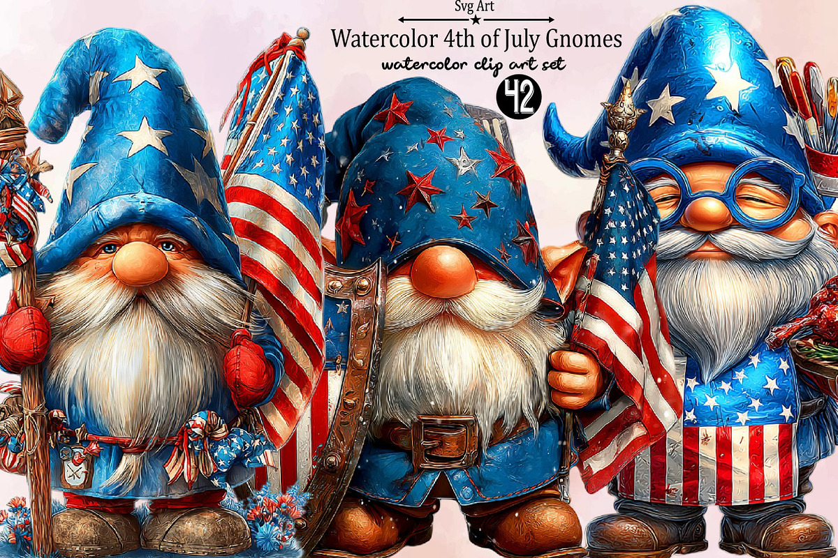 Watercolor 4th Of July Gnomes Clipar, an Illustration by SVGArt (Photo 1 of 9)