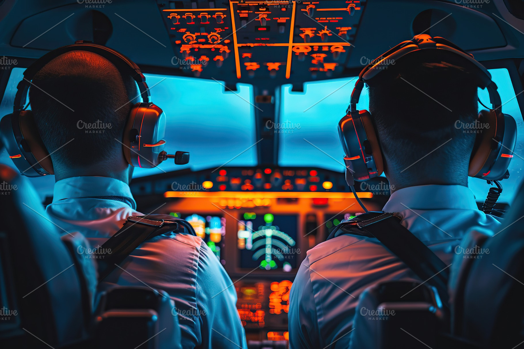 Airplane cabin with pilots piloting a passenger airliner, a Transportation Photo by AlyaAnd