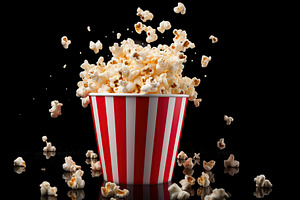 Paper cup with popcorn on black background, a Food & Drink Photo by AlyaAnd