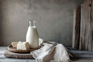 Bottle of milk and fresh cheese on a, a Photo by Tanuart