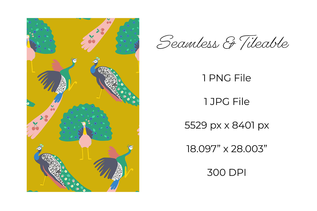 Peacocks & Berries Seamless Pattern, a Pattern Graphic by Painted Puffin Creative (Photo 3 of 5)