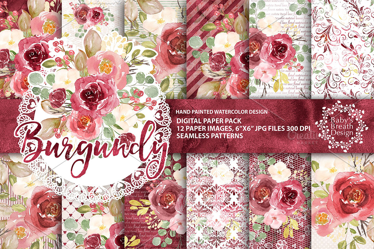 Watercolor Burgundy DP pack, a Pattern Graphic by Babysbreath/Dandelionery