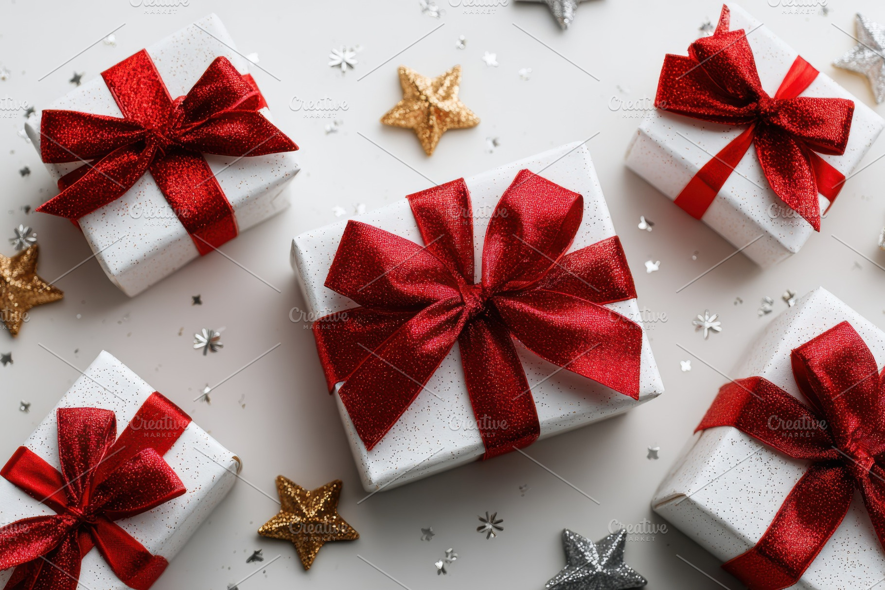 Festive White Gifts Red Bows Holiday, a Photo by Pixeness Studio