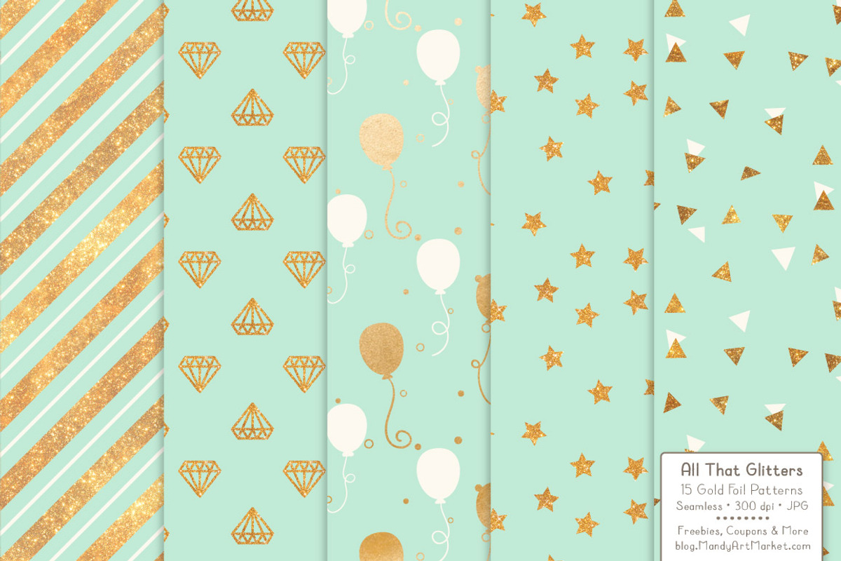 Gold Foil Digital Papers in Mint, a Pattern Graphic by Amanda Ilkov (Photo 2 of 4)