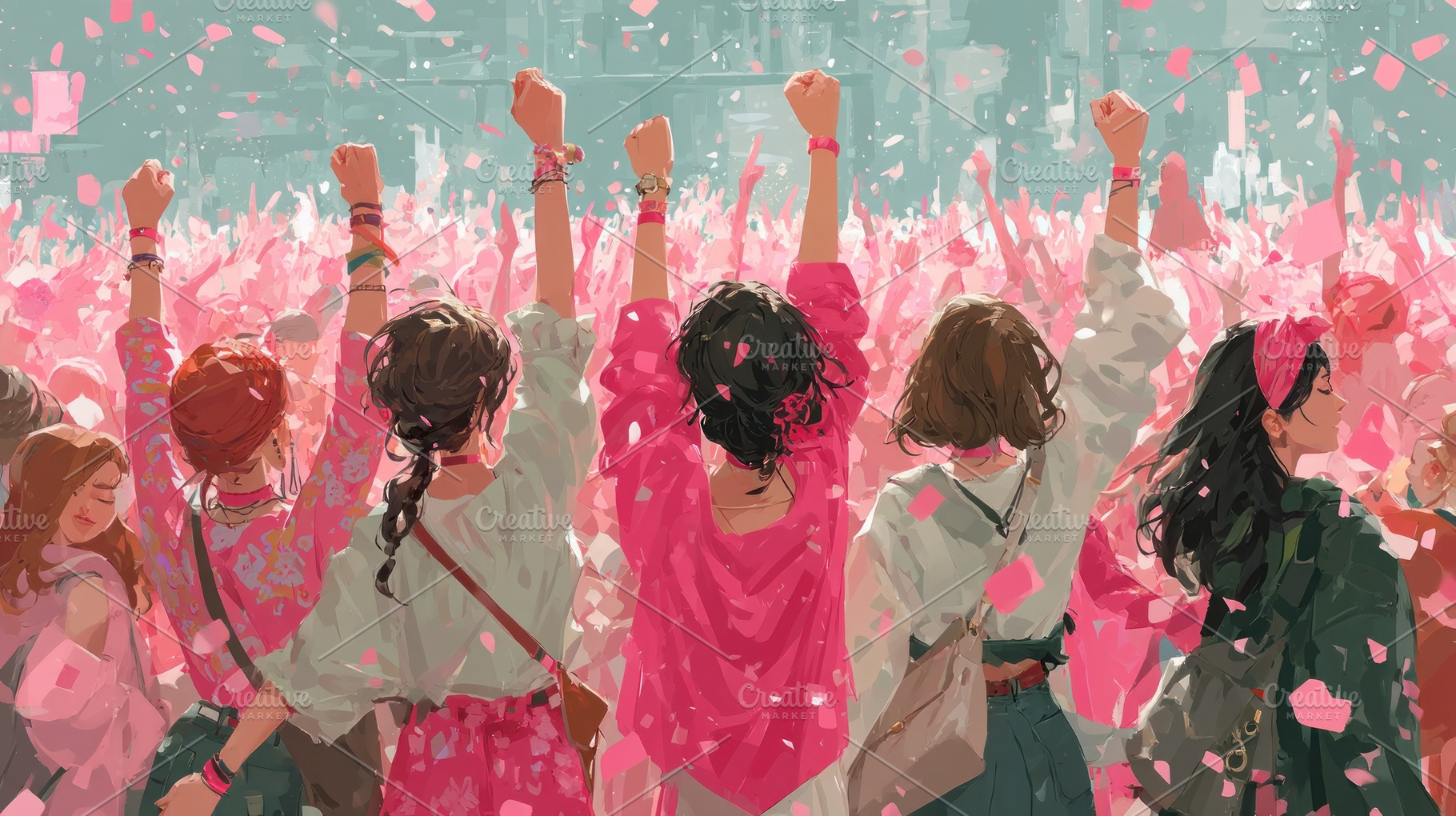 Women united raising fists in a sea of pink confetti celebrating, a Person Photo by José Manuel Gelpi