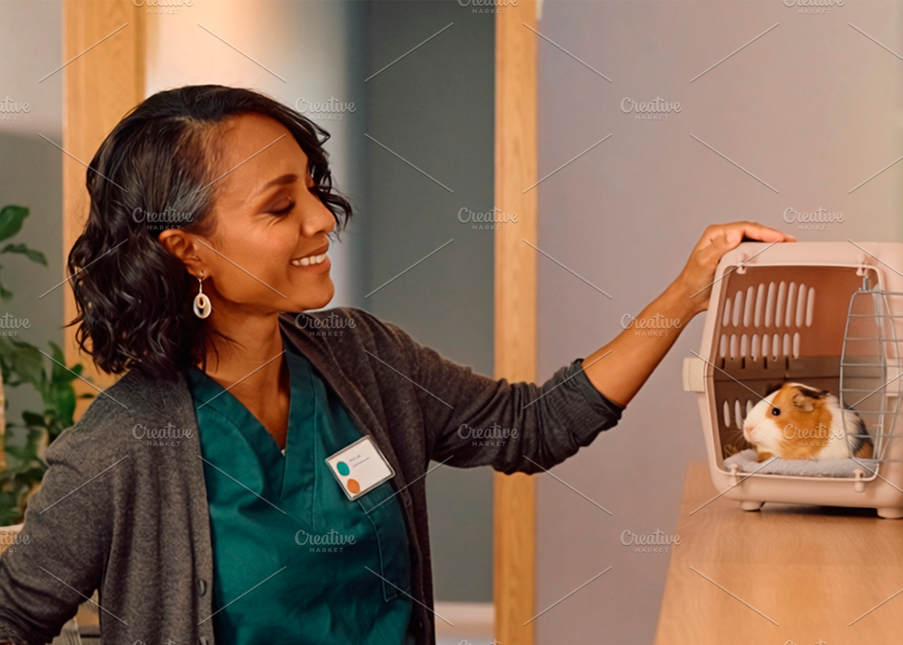 Mature black woman at veterinary clinic waiting area with guinea, a Photo by DanFLCreativo
