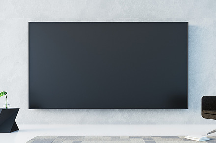 Tv wall  in living room  3d renderi stock photo containing tv and room, a Technology Photo by TONTECTONIX