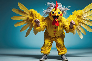 Crouching chicken suit in studio, an Illustration by wavebreak