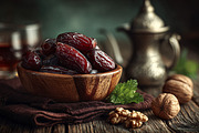 Dates in wooden bowl walnuts table, a Background Photo by shahsoft (Thumbnail 2 of 2)