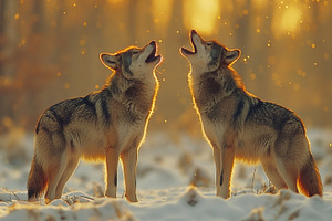 Two coyotes howling together at sunset in a snow-covered landscape, embodying t, an Animal Photo by ImageMir