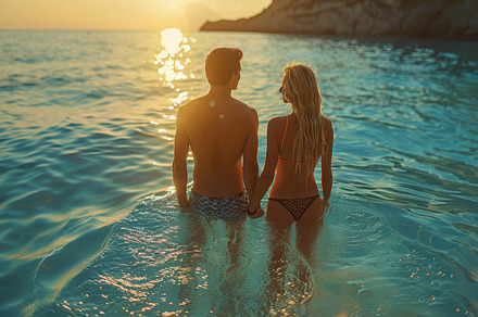 Young couple enjoying a romantic sunset swim in the ocean, a Photo by AS photostudio