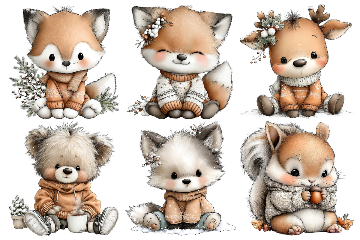Winter Animals in Sweaters Clipart, an Illustration by Pixels.Craft (Photo 6 of 6)